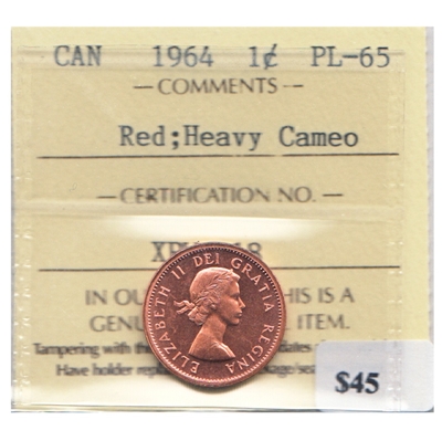 1964 Canada 1-cent ICCS Certified PL-65 Red; Heavy Cameo