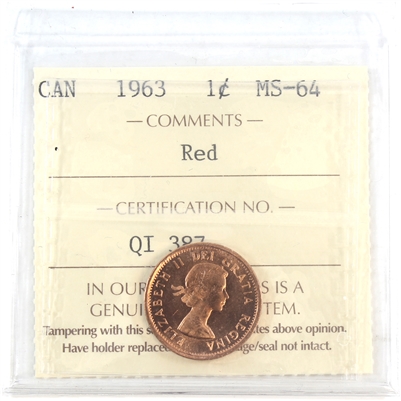 1963 Canada 1-cent ICCS Certified MS-64 Red