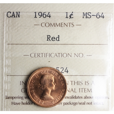 1964 Canada 1-cent ICCS Certified MS-64 Red