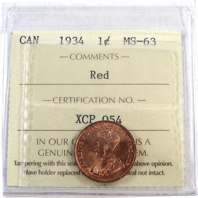 1934 Canada 1-cent ICCS Certified MS-63 Red (XCP 054)
