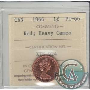 1966 Canada 1-cent ICCS Certified PL-66 Red; Heavy Cameo