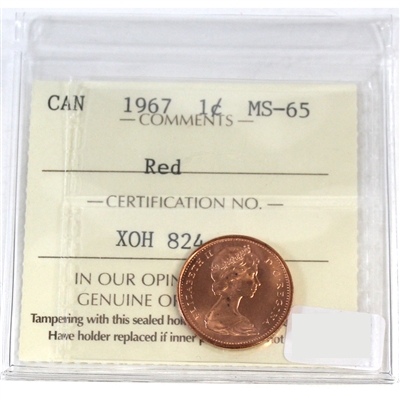 1967 Canada 1-cent ICCS Certified MS-65 Red
