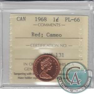 1968 Canada 1-cent ICCS Certified PL-66 Red; Cameo