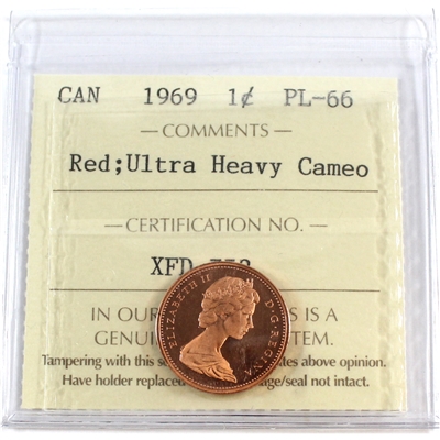 1969 Canada 1-cent ICCS Certified PL-66 Red; Ultra Heavy Cameo