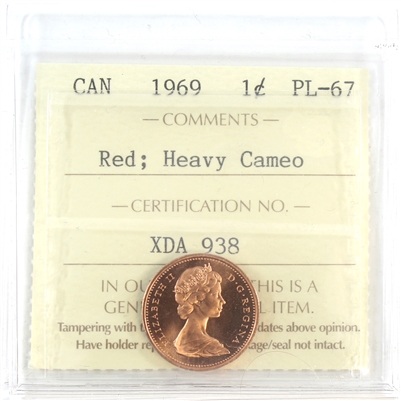 1969 Canada 1-cent ICCS Certified PL-67 Red; Heavy Cameo