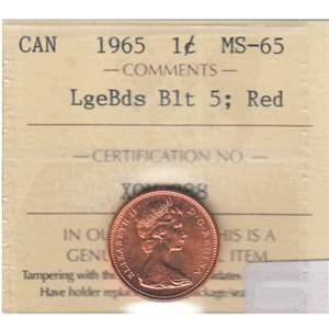 1965 LgBds Bl 5 (Type 3) Canada 1-cent ICCS Certified MS-65 Red