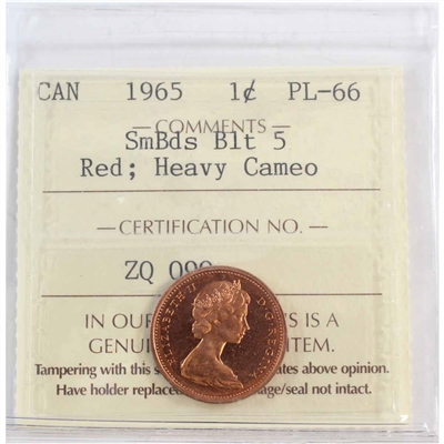 1965 SmBds Blt 5 (Type 2) Canada 1-cent ICCS Certified PL-66 Red; Heavy Cameo