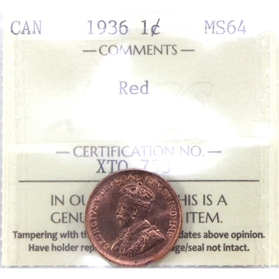 1936 Canada 1-cent ICCS Certified MS-64 Red (XTQ 753)