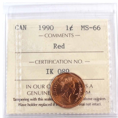 1990 Canada 1-cent ICCS Certified MS-66 Red