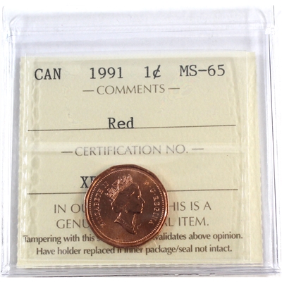 1991 Canada 1-cent ICCS Certified MS-65 Red