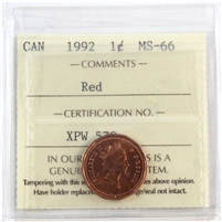 1992 Canada 1-cent ICCS Certified MS-66 Red