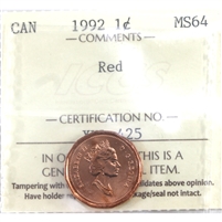 1992 Canada 1-cent ICCS Certified MS-64 Red