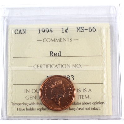 1994 Canada 1-cent ICCS Certified MS-66 Red