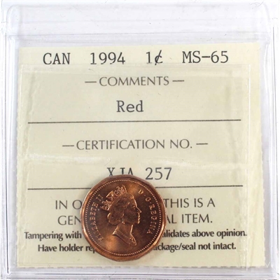 1994 Canada 1-cent ICCS Certified MS-65 Red