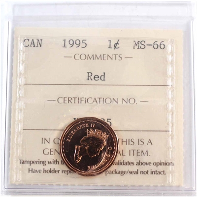 1995 Canada 1-cent ICCS Certified MS-66 Red