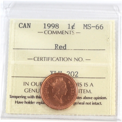 1998 Canada 1-cent ICCS Certified MS-66 Red