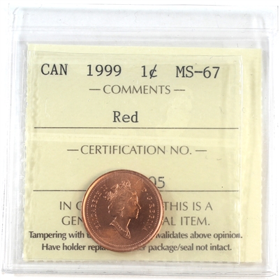 1999 Canada 1-cent ICCS Certified MS-67 Red