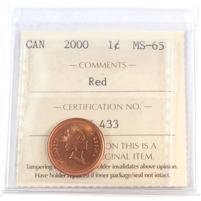 2000 Canada 1-cent ICCS Certified MS-65 Red