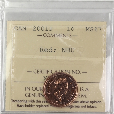 2001P Canada 1-cent ICCS Certified MS-67 Red; NBU