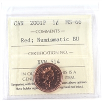 2001P Canada 1-cent ICCS Certified MS-66 Red; Numismatic BU