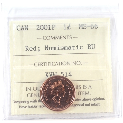 2001P Canada 1-cent ICCS Certified MS-66 Red; Numismatic BU