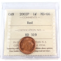 2002P Canada 1-cent ICCS Certified MS-66 Red