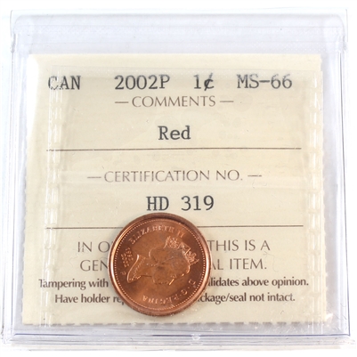2002P Canada 1-cent ICCS Certified MS-66 Red