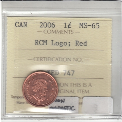 2006 Logo Non Magnetic Canada 1-cent ICCS Certified MS-65 Red