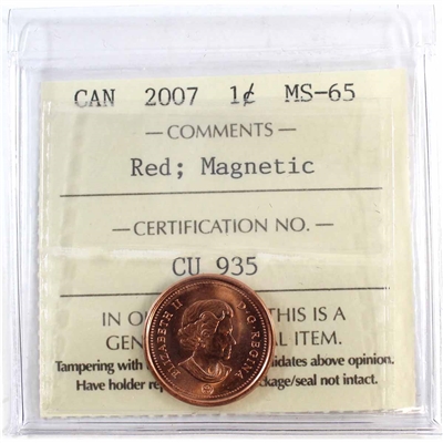 2007 Magnetic Canada 1-cent ICCS Certified MS-65 Red