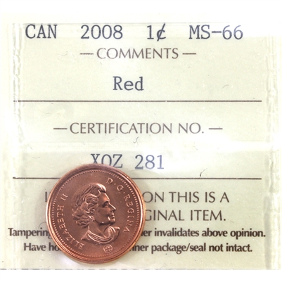 2008 Magnetic Canada 1-cent ICCS Certified MS-66 Red