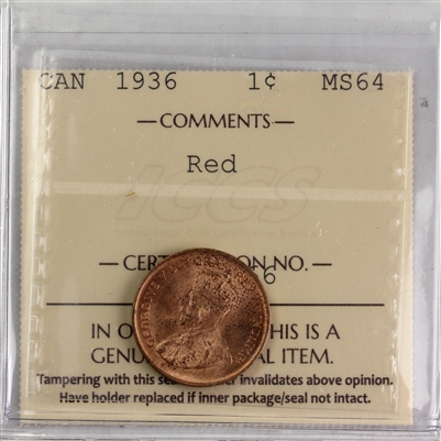 1936 Canada 1-cent ICCS Certified MS-64 Red (XZL 566)