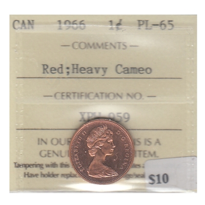 1966 Canada 1-cent ICCS Certified PL-65 Red; Heavy Cameo