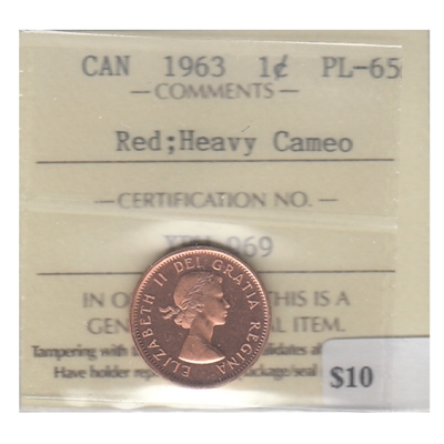 1963 Canada 1-cent ICCS Certified PL-65 Red; Heavy Cameo