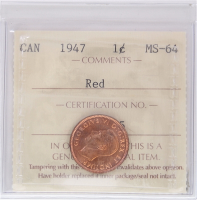 1947 Canada 1-cent ICCS Certified MS-64 Red