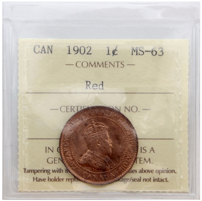 1902 Canada 1-cent ICCS Certified MS-63 Red