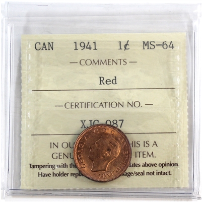 1941 Canada 1-cent ICCS Certified MS-64 Red
