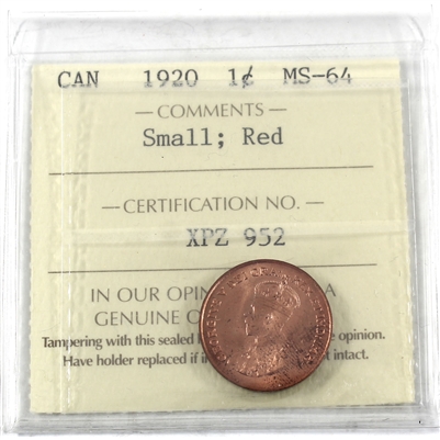 1920 Small Canada 1-cent ICCS Certified MS-64 Red (XPZ 952)