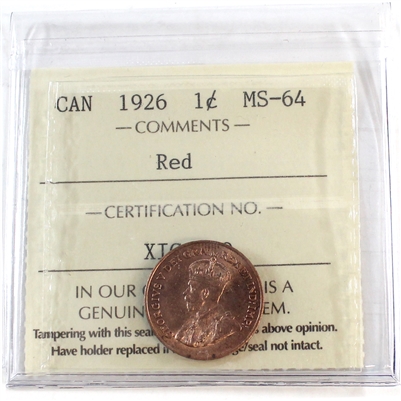 1926 Canada 1-cent ICCS Certified MS-64 Red (XIC 380)