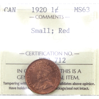 1920 Small Canada 1-cent ICCS Certified MS-63 (XTQ 712)
