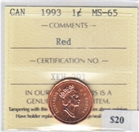 1993 Canada 1-cent ICCS Certified MS-65 Red