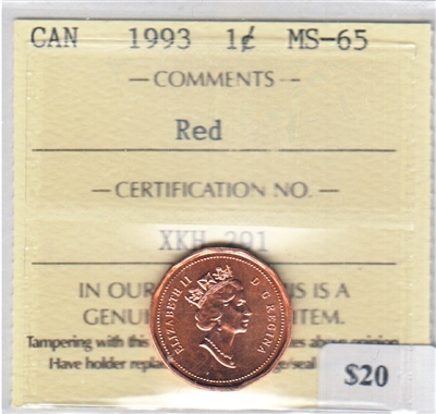 1993 Canada 1-cent ICCS Certified MS-65 Red