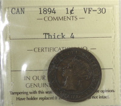 1894 Thick 4 Canada 1-cent ICCS Certified VF-30