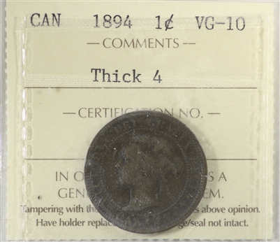 1894 Thick 4 Canada 1-cent ICCS Certified VG-10