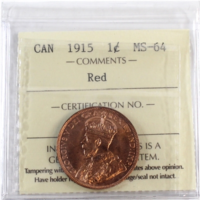 1915 Canada 1-cent ICCS Certified MS-64 Red (XUM 438)