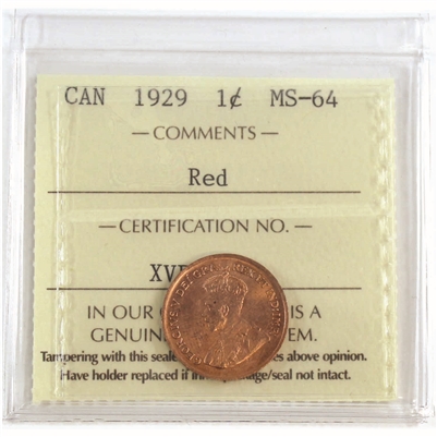 1929 Canada 1-cent ICCS Certified MS-64 Red (XVP 341)