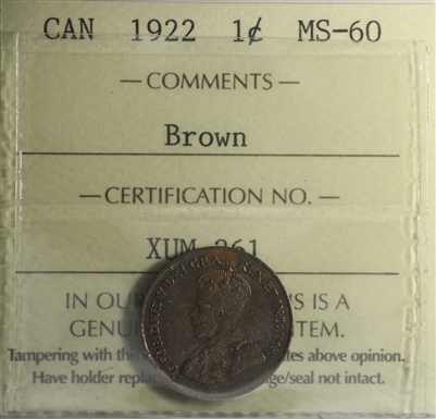 1922 Canada 1-cent ICCS Certified MS-60 Brown