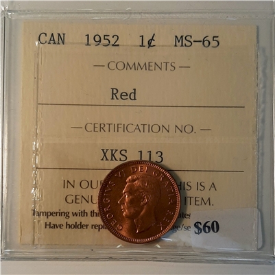 1952 Canada 1-cent ICCS Certified MS-65 Red