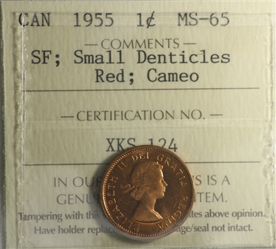 1955 SF, Small Denticles Canada 1-cent ICCS Certified MS-65 Red; Cameo