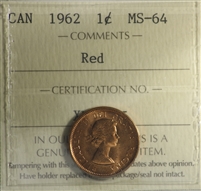 1962 Canada 1-cent ICCS Certified MS-64 Red