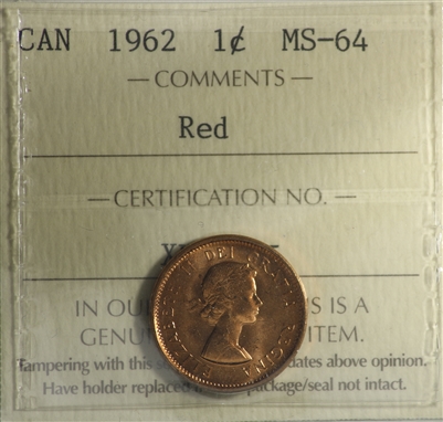 1962 Canada 1-cent ICCS Certified MS-64 Red
